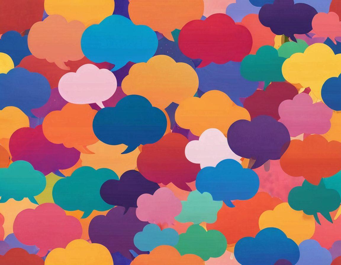 A vibrant digital landscape illustrating diverse groups of people connecting through glowing chat bubbles, with symbols of unity and inclusivity like rainbows and hearts surrounding them. The background features a warm, inviting color palette with soft gradients to represent comfort and support. Each group represents different identities within the LGBTQ+ community, showcasing joy, friendship, and connection. super-realistic. vibrant colors. soft focus.