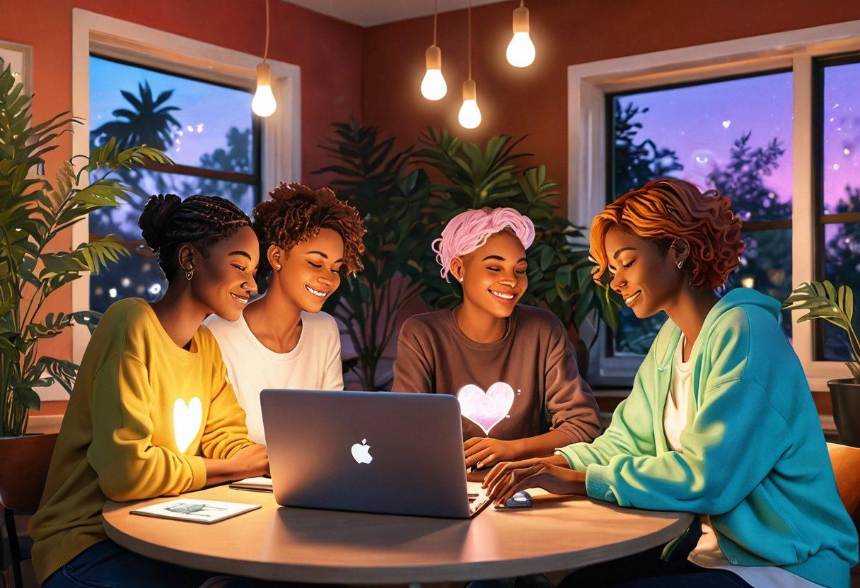 A cozy virtual café scene featuring a diverse group of lesbian characters connecting over their laptops, showcasing glowing holographic hearts floating above their screens. The background includes a soft, inviting ambiance with plants and warm lighting, conveying an intimate and welcoming atmosphere. The characters are engaged in conversation and laughter, illustrating the warmth of meaningful connections despite being online. artistically blended with soft pastels and warm colors. super-realistic. vibrant colors.