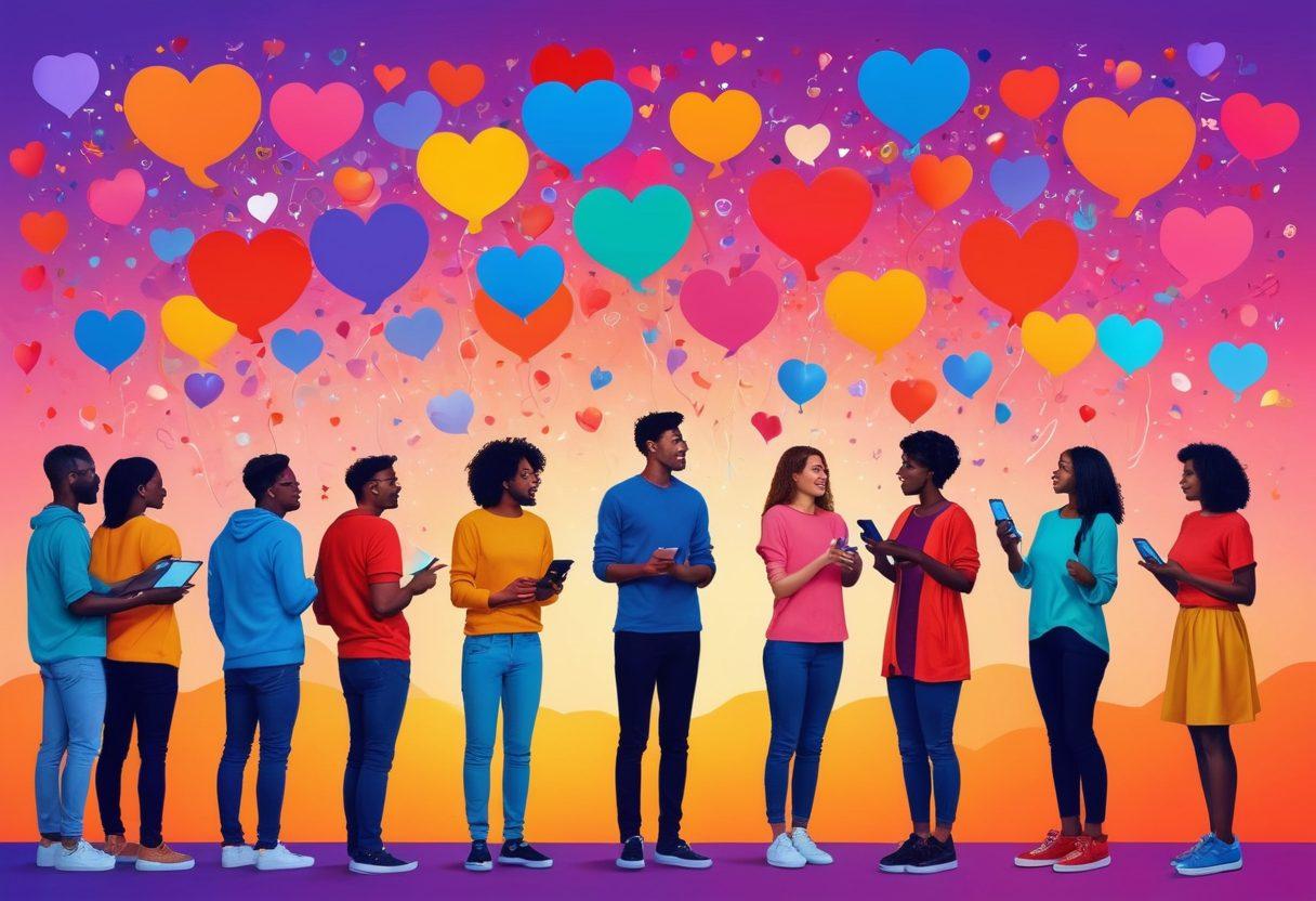 A vibrant digital collage illustrating diverse individuals engaging in lively online conversations through colorful chat bubbles, surrounded by symbols of love and acceptance like rainbow hearts and flags. The backdrop features abstract representations of digital spaces, evoking a sense of connection and exploration. The composition should be warm and inviting, capturing the essence of LGBTQ+ community and online dating. vector art. vibrant colors. dynamic background.